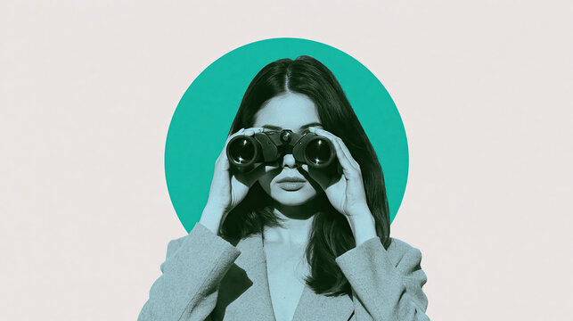 Businesswoman looking through black binoculars with focused expression against turquoise circle and neutral background