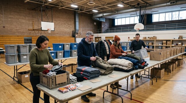 Volunteers sort winter supplies in a community gym