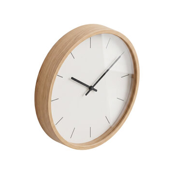 Modern Round Wall Clock with Wooden Frame, 3D Vector Illustration of Bedroom Home Decor Isolated on White