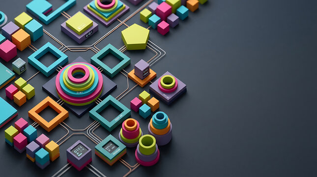 Colorful 3d geometric block pattern on dark background illustration