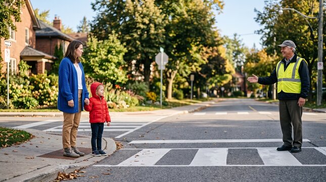 Parent and child pause at a sunny neighborhood curb