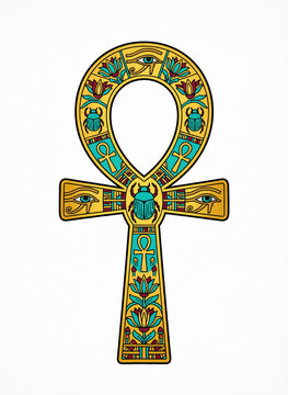 flat vector illustration, an ornate golden ankh