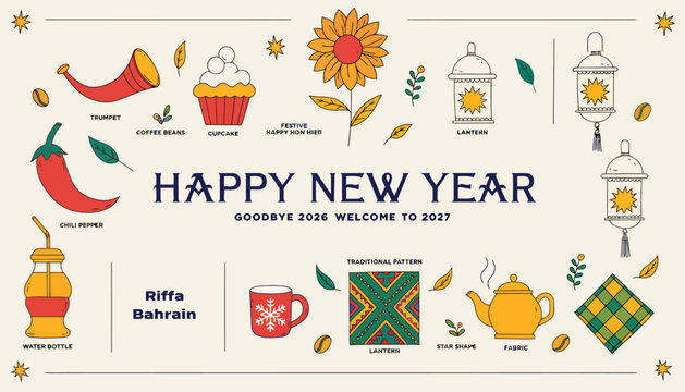 Happy New Year 2027 Celebration Background with Food and Drink Elements