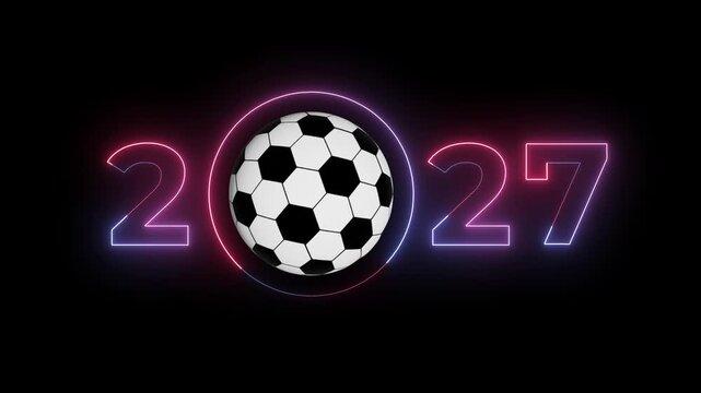 rotating soccer ball icon with pink and purple glowing neon text 2027 inside circle vector sports motion graphics background.