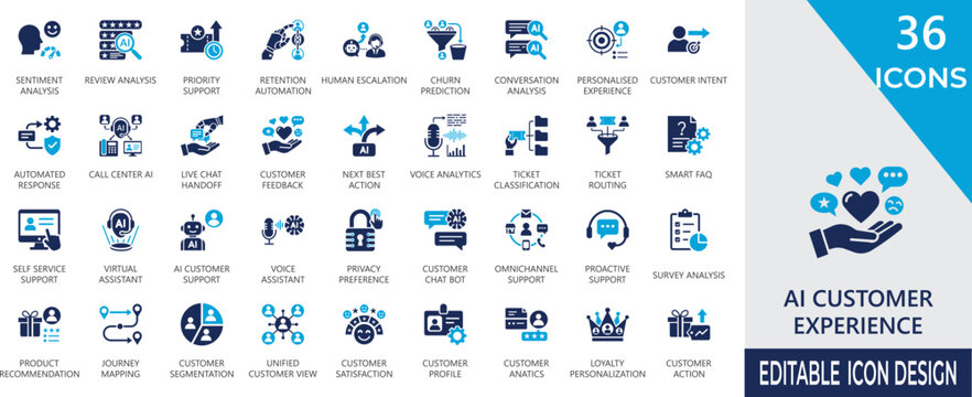 AI customer experience fill icon set for chat bot assistance, satisfaction, feedback, sentiment, analysis, crm,, automation, and smart tech support. Vector line graphics.
