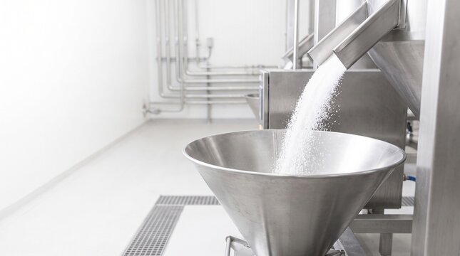 Crystalline sweetener enters a food processing hopper