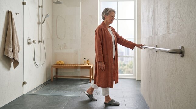 Older woman using an accessible walk-in shower