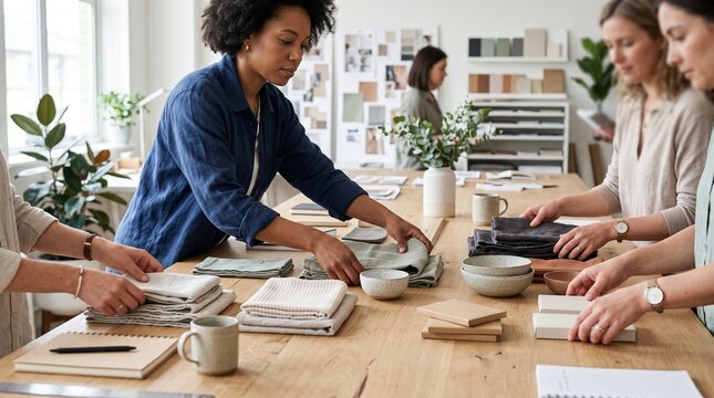 Retail buyers compare seasonal samples at studio table