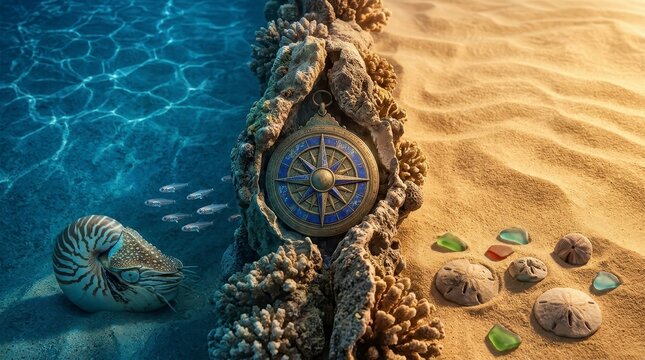 Vintage compass between underwater and sandy beach