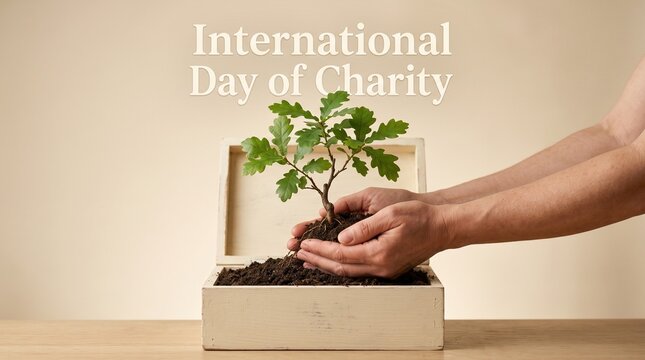 Hands carefully plant a small oak sapling into a wooden soil box to represent environmental growth for the International Day of Charity.