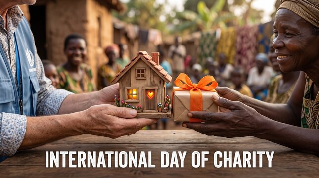 Humanitarian aid worker hands a small miniature house and a wrapped gift to an elderly woman in a rural village to symbolize global support and the importance of the International Day of Charity.
