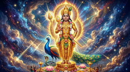 Fototapeta premium Golden Hindu deity, possibly Kartikeya or Murugan, with a peacock and snake, set against a vibrant cosmic sky with stars and clouds.