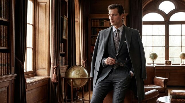 Sophisticated man in a tailored suit in a classic library.