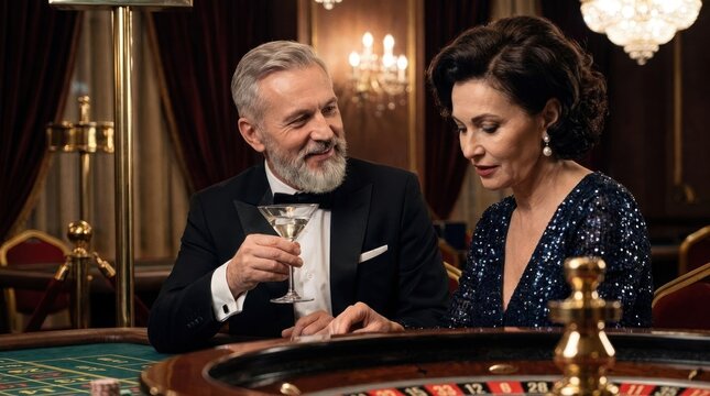 Sophisticated mature couple playing roulette in a high-stakes casino.