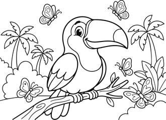 Naklejka premium Cute toucan bird sitting on a branch with butterflies in the jungle, coloring page