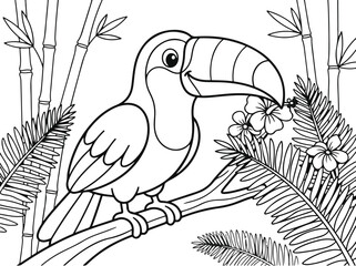 Naklejka premium Cute toucan bird perched on a branch with flowers in the jungle, coloring page