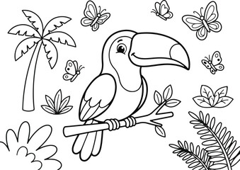 Naklejka premium Cute toucan bird sitting on a branch in the jungle with butterflies, coloring page for kids