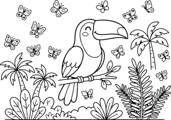 Naklejka premium Cute toucan bird sitting on a branch in the jungle with butterflies, coloring page for kids