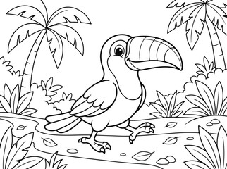 Naklejka premium Cute cartoon toucan walking in the jungle, coloring page for kids