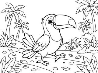 Naklejka premium Cute cartoon toucan walking in the jungle, coloring page for kids