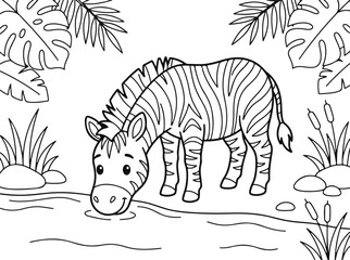 Naklejka premium Cute cartoon zebra drinking water in the savanna, coloring page for kids