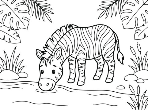 Cute cartoon zebra drinking water in the savanna, coloring page for kids