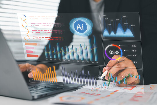 Businessman reading online business statistics and chart reports to analyze performance, improve corporate strategy, manage financial and marketing documents, insights for sustainable company growth.