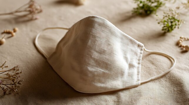 beige fabric face mask with elastic straps and floral decorations