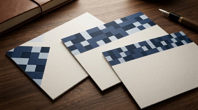 Stationery set with blue pixel pattern on wooden desk