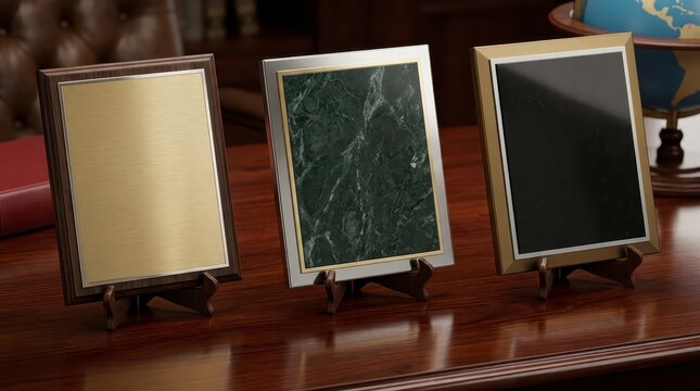 Three decorative award plaques on a wooden desk