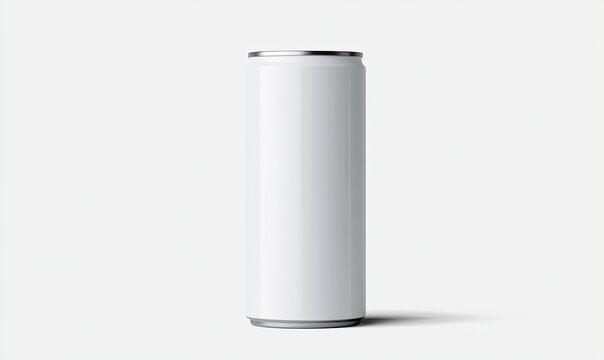 A clean, white beverage can stands upright against a bright white background