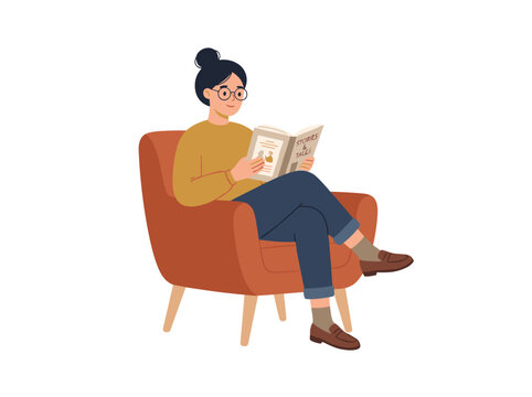 Young woman sitting in armchair reading a book for sustained silent reading