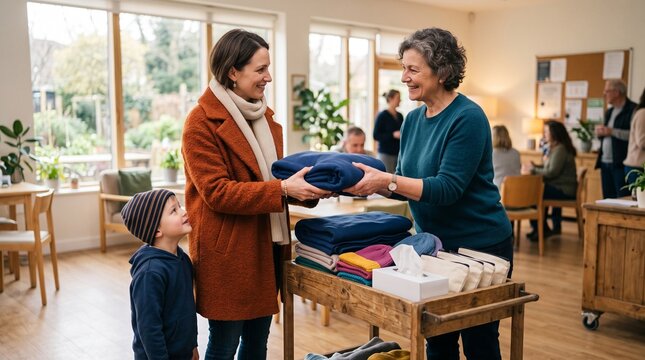 Volunteer shares warm supplies with a local family