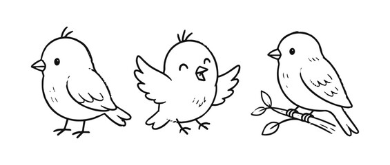 Fototapeta premium Birds hand drawn set. Naive doodle set on a white background