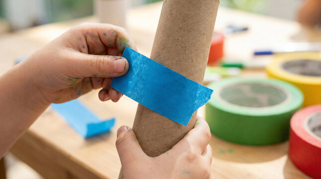 Child's Hands Applying Blue Tape to Cardboard Tube for Craft Project