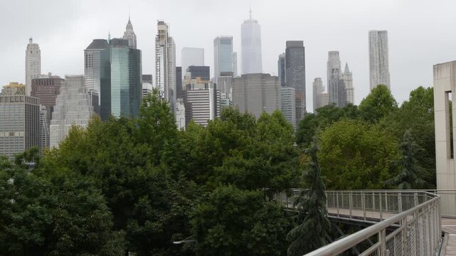 Manhattan downtown skyline, Squibb park bridge in Brooklyn Heights, New York City United States. Financial district skyscrapers buildings. American architecture of business center. World trade center.