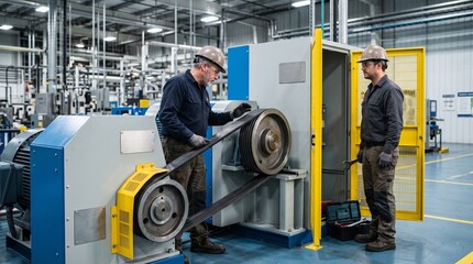 Fototapeta premium Millwright inspects belt drive during plant maintenance