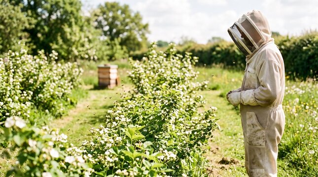 Beekeeper watches pollinators among flowering fruit trees