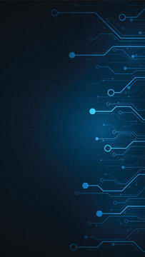 Electronic circuits on a dark blue vertical background.
