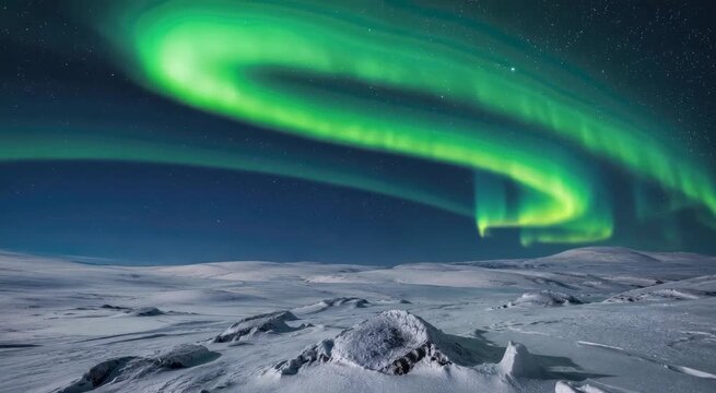 Green aurora borealis sweeping over a snowy Arctic tundra under a starry night sky
