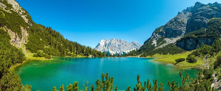 Wide panorama of Seebensee in the Mieming range Tyrol Austria
