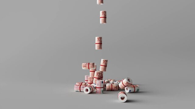 3D animation of rolled-up ten euro banknotes continuously falling and piling up into a growing heap on a clean neutral grey background. Perfect commercial stock footage for finance, banking