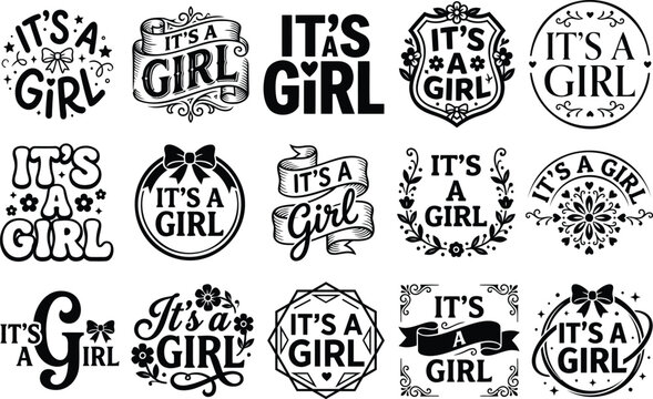 Collection of decorative hand drawn typography designs announcing the birth of a baby girl for various projects