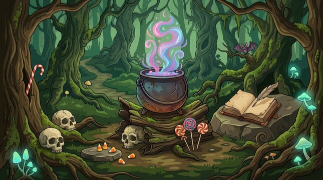 Witch cauldron with magic potion in enchanted forest