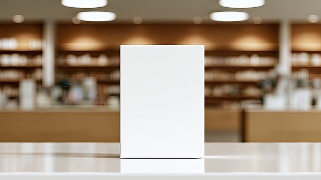 Blank white card stands on reflective counter, library shelves blur background
