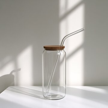 Clear glass can-shaped tumbler with wooden lid and glass straw (1)