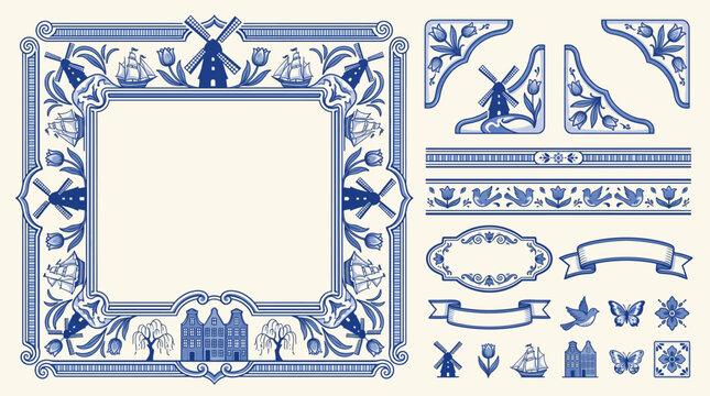 Dutch Delft Blue White Frame Border Ornamental Decorative Set