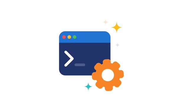 Animated coding terminal window with rotating gear icon and sparkling accents on white background