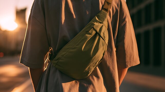 Person with green fanny pack on urban background