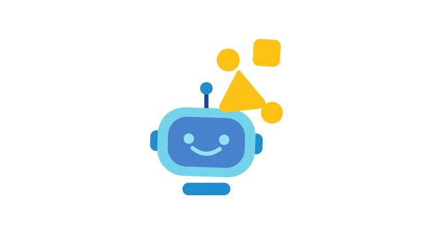 Friendly blue robot head icon processing yellow geometric shapes in sleek motion animation style